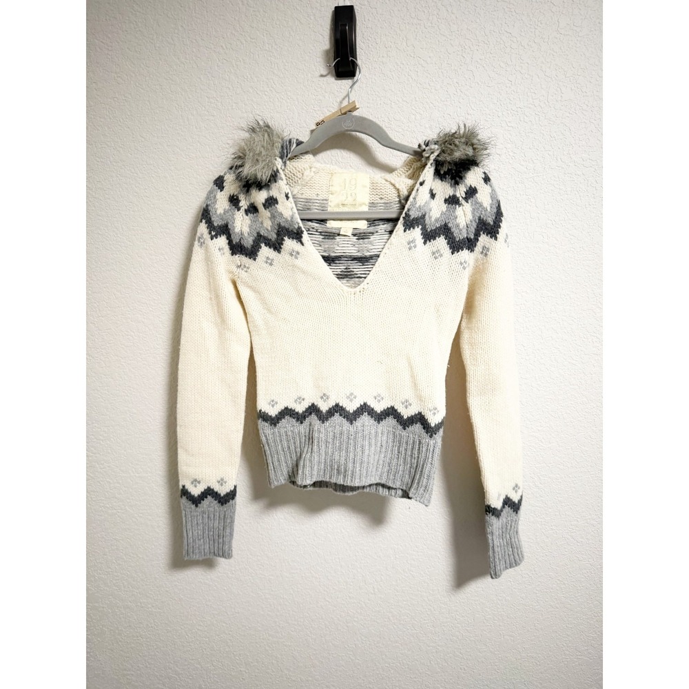Hollister 1922 Y2K Fair Isle Hooded Sweater Faux Fur Trim V Neck Cream Gray S